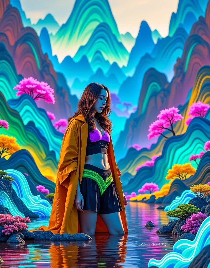 Anthropomorphism，panda，On the go，Cartoon animal close-up，Immerse yourself in the three-dimensional landscape like the Thousand Miles of Rivers and Mountains，Incorporating cyberpunk-style colors，Fluorescent colors，Cinematic Lenses，Master Composition