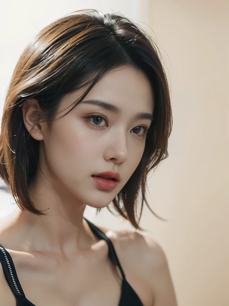 arafid（arafed）of Asian women，lips are pink，It's black, short hair, Young cute asian face, Soft portrait shot 8k, Korean symmetrical face, Beautiful young Korean woman, 8k selfie photos, Gorgeous Chinese model, 24 year old female model, Inspired by Wenjia, face and shoulders, Yun Ling, Head and shoulder shots
