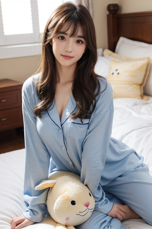 a beauty girl a smile In light blue pajamas Breasts are big eyes large Brown hair straight haired The buttons on my pajamas are about to come off The bra is slightly visible japanes Sitting on the bed Holding a stuffed animal