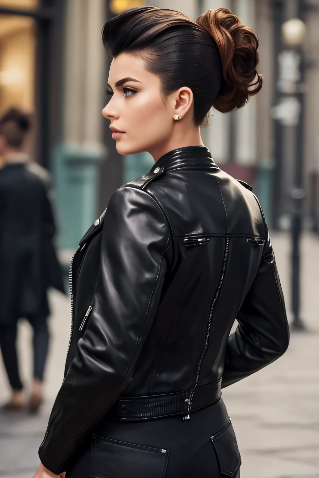 ((Best Quality)), ((masterpiece)), (detailed),Realistic,No background,One Man,Her back is showing and only her face is looking back,Sharp Eye,Wearing a biker jacket,Wearing trousers,The hairstyle is pompadour,Hair color is black,