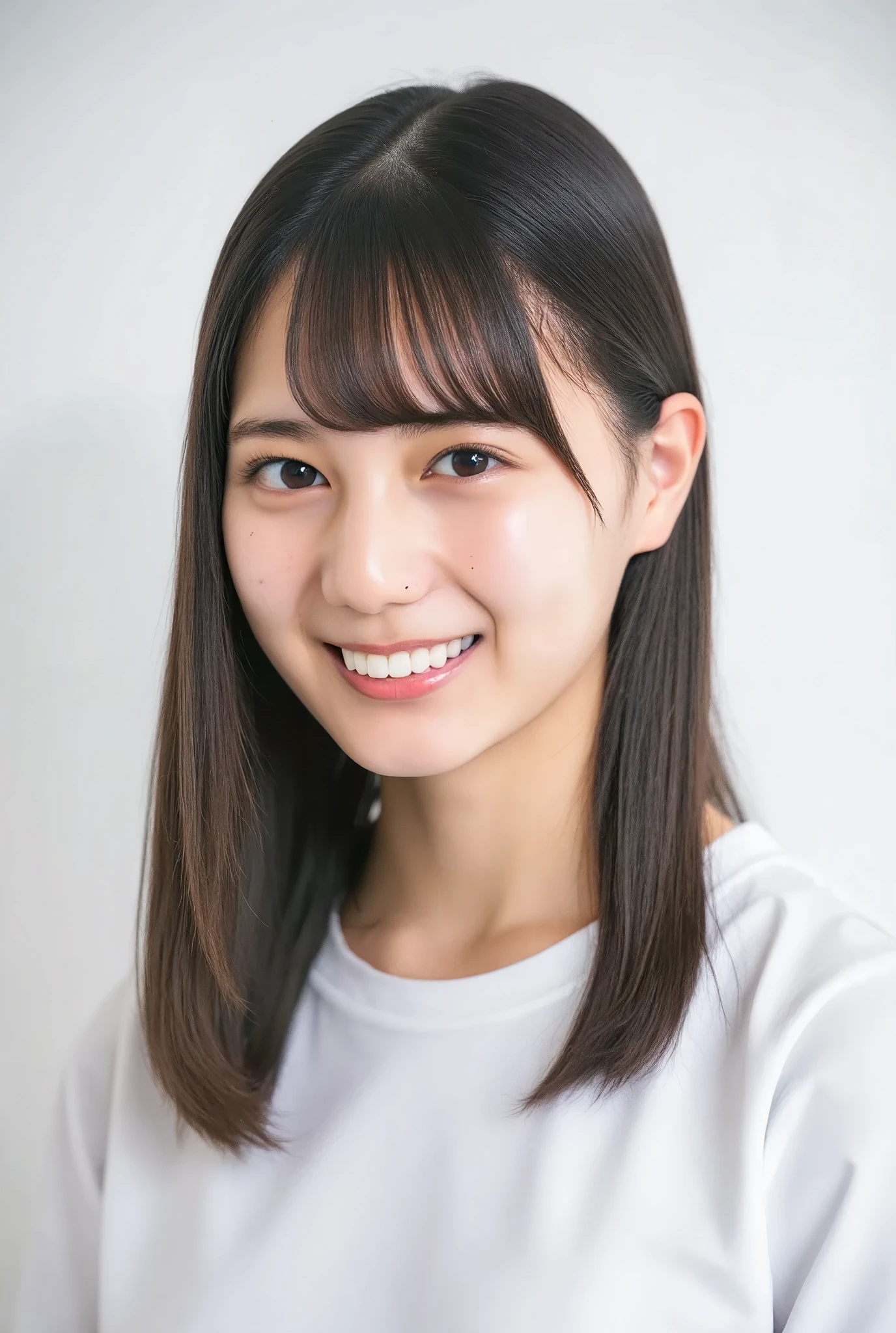 32K, Masterpiece, masterpiece, Realistic, Very detailed, photograph, High resolution, A face that Japanese men really like., Smoother light, official art, Written boundary depth, Bright light, close, Detailed face, smile, Beautiful details in the eyes, 19 year old Korean, cute, real texture skin, T-Shirts,