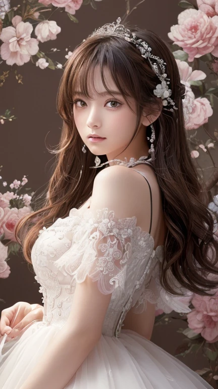 A young woman with long, wavy pastel-colored hair sits gracefully, dressed in an elaborate, fantasy-themed gown. The gown features a mix of soft pastel colors, including pink, blue, and lavender, adorned with sparkling embellishments and a large bow at the bust. She has a pair of large, fluffy cat ears on her head, matching her soft, fluffy tail. Her eyes are large and expressive, with a gentle and inviting expression. The scene is softly lit with a magical, dreamy ambiance, highlighting her smooth skin and the intricate details of her outfit. She wears delicate jewelry, including a butterfly hair clip, adding to the whimsical nature of her appearance. The background is soft and blurred, enhancing the ethereal feel of the image.
