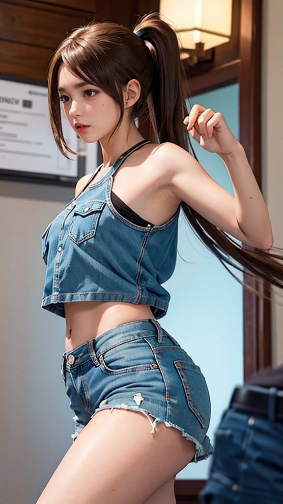 masterpiece, Best quality, 1 girl, Dark brown hair, Bare Shoulders, Long hair, skirt, Denim shorts, Dynamic poses, Dynamic Angle,Side Ponytail, 