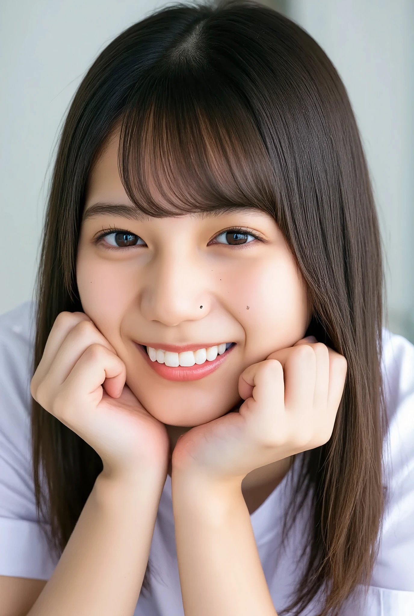32K, Masterpiece, masterpiece, Realistic, Very detailed, photograph, High resolution, A face that Japanese men really like., Smoother light, official art, Written boundary depth, Bright light, close, Detailed face, smile, Beautiful details in the eyes, 19 year old Korean, cute, real texture skin, T-Shirts,