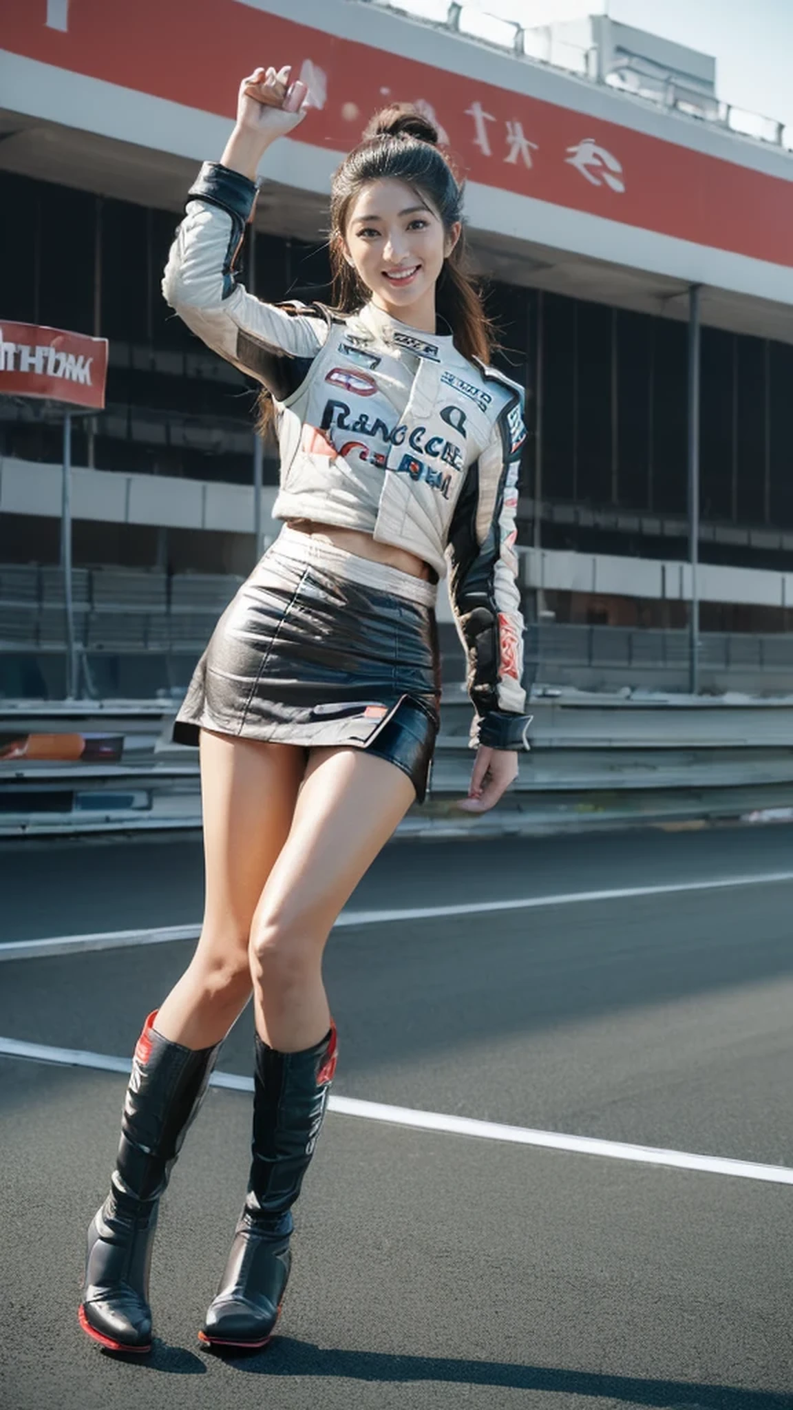 nsfw:0.8,(Squat with legs wide open ),(peeing),(((Showing off a Formula One car))),Ulzzang-6500-v1.1, (RAW Photos:1.2), (Photorealistic:1.4), Beautiful detailed girl, Very detailed目と顔, Beautifully detailed anatomically correct hands and fingers：1.5、 Super detailed, High resolution, highest quality, masterpiece, Very detailed, 8k wallpaper, wonderful, In detail, highest quality, Light on the face,Light,One Girl,(Auto Racing Track),Beautiful Eyes,smile,Open your mouth,(Completely naked)、(boob out:1.0),（full opened pussy:1.5),