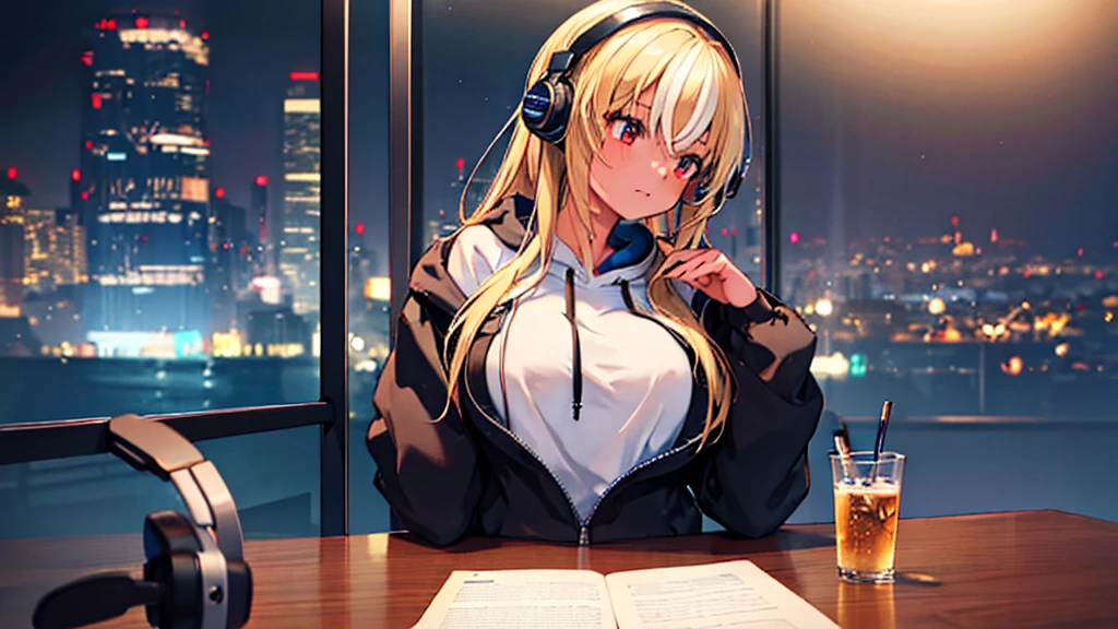 1girl,night cafe,night cityscape through window,side profile,casual clothes,hoodie,headphones,studying alone,sitting on chair,closed mouth,anatomically correct,best quality,4k,8k,highres,masterpiece,ultra-detailed,realistic,photorealistic,photo-realistic,HDR,UHD,studio lighting,ultra-fine painting,sharp focus,physically-based rendering,extreme detail description,professional,vivid colors,bokeh,interior table