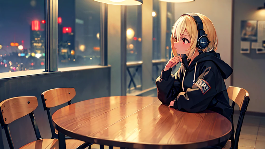 1girl,night cafe,night cityscape through window,side profile,casual clothes,hoodie,headphones,studying alone,sitting on chair,closed mouth,anatomically correct,best quality,4k,8k,highres,masterpiece,ultra-detailed,realistic,photorealistic,photo-realistic,HDR,UHD,studio lighting,ultra-fine painting,sharp focus,physically-based rendering,extreme detail description,professional,vivid colors,bokeh,interior table