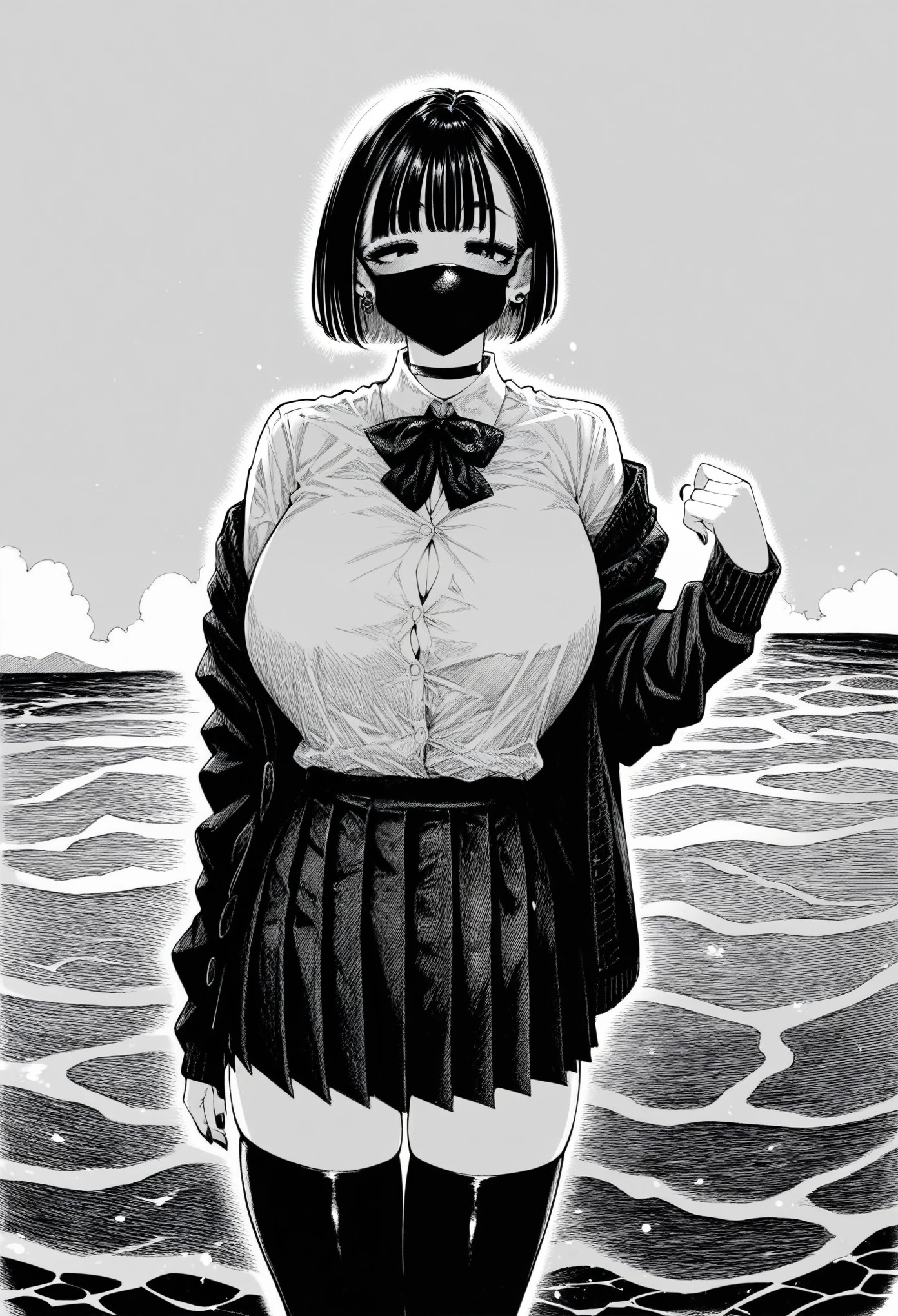 score_9, score_8_up, score_7_up, score_6_up, score_5_up, score_4_up, BREAK greyscale, hirune style, 1girl, brary background, (black hair:1.2), bob cut, short hair, tomboy, black eyes, (black mouth mask:1.1), long eyelashes, half-closed eyes, (eyewear:1.1), black choker, messy hair, (asymmetrical hair:1.2), adult, mature, black eyeliner, ear piercing, BREAK solo, standing, wave, big breasts, adult, broad shoulders, tall, white collared shirt, long sleeves, cardigan, open cardigan, black pleated skirt, black microskirt, black miniskirt, (black thighhighs:1.1), (shirt tucked in:1.1), black nails, skinny, BREAK li
