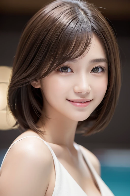 (8k, Raw photo, highest quality, masterpiece:1.2), Ultra-detailed, Super Resolution, (Realistic, Photo Real), Portrait、High-definition RAW color photos, Professional photography, hVery detailed and beautiful, Very detailed, 8k Picture Wallpaper, Amazing detail, Large file size, Official Art, HVery detailed CG Unity 8k wallpaper, Very detailed美しい女性, Very detailed顔, Very detailed目, Very detailed皮膚, hVery detailed nose, Very detailed口, Perfect Anatomy, Detailed Background, Detailed clothing, A beautiful Japanese woman, (19 years old:1.2), Beautiful woman, Realistic body, White skin, Glowing Skin, Handsome body, Brown Hair, Medium Hair, Diagonal bangs, (Happy expression,Grin:1.2),(A light smile:1.2), Spotless, Beautiful Face, A vivid face, Delicate eyes, (White Lingerie), indoor,Fun, gentle, attractive,(Dynamic pose:1.3),(Dynamic Angle:1.3),(Bust Shot:1.3),Random sexy poses,