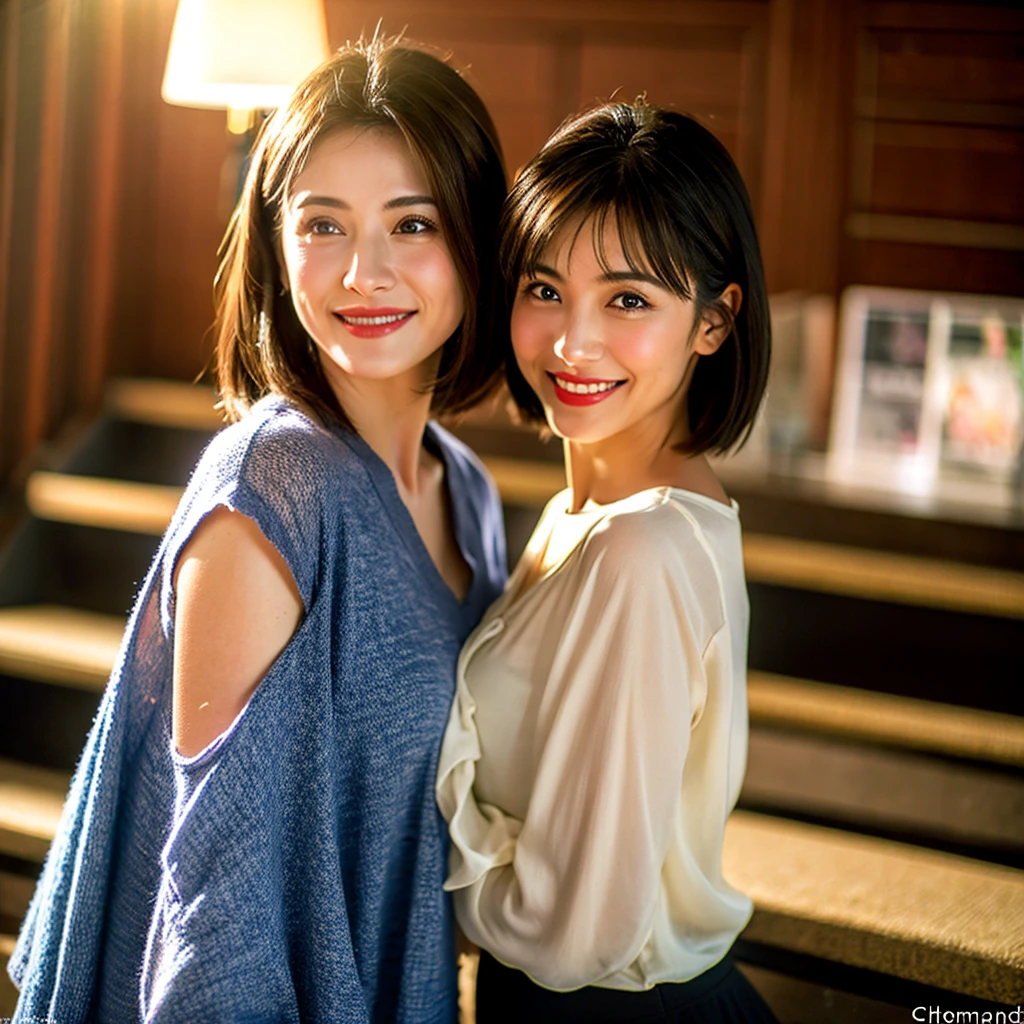 highest quality, masterpiece, Ultra-high resolution, realistic:1.3, solo:1.3, ((Clear Face)), cowboy shot:1.1, from front, leaning forward, (glowing skin), (looking at camera:1.3), (mini skirt, button-up shirt), standing in room, leaning forward, (medium chest:1.3), long hair, smile, soft brightness