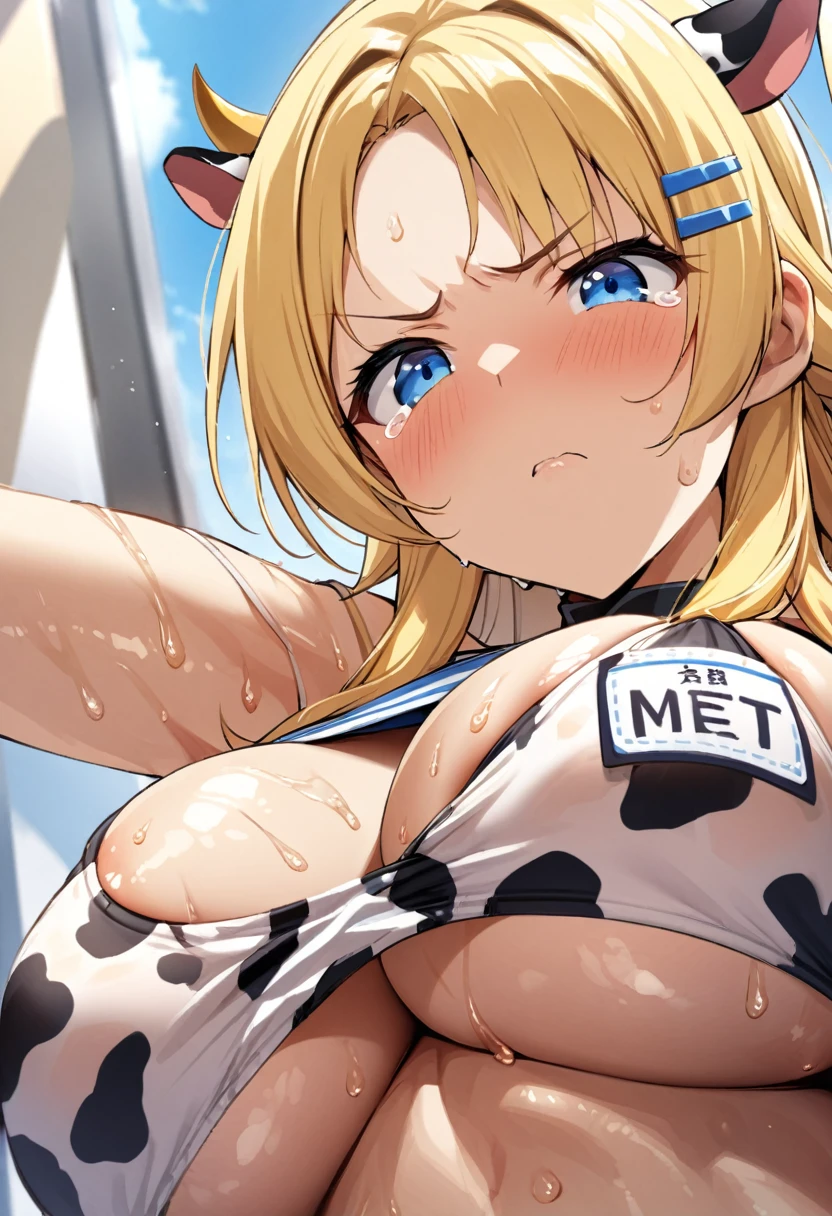 One Girl、striped bikini、 Highest quality、Sweaty body、Big Breasts、hairpin、(tear:1.3)、Show your forehead、(scowl at)、tie、name tag、Cow pattern、meguru hachimiya、blonde hair、 blue eyes、 long hair、(view from below)