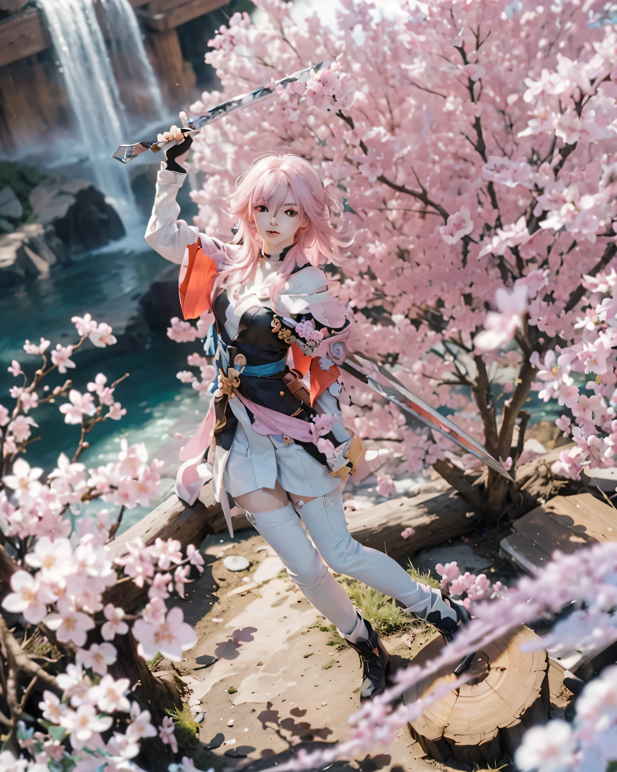 ( march_7th_\(hunt\)_\(honkai:_star_rail\),),((realistic, photorealistic)),(highlight hair)), Light reflection, (( HD )),((upper body)), (((best quality, masterpiece))), (masterpiece) (best quality) (detail) (8k) (HDR) (wallpaper) (cinematic lighting) (sharp focuasterpiece, best quality: 1.1), Real life adaption of this character, realistic outfit, realistic shadow, realistic light, realism, hyper realistic, realistic background,realistic hair,(photorealistic:1.2), (masterpiece: 1.2), (best quality: 1.3), (clear details: 1.3), ((((ultra-detailed)))), ((detailed eyes)), (extremely detailed face:1.4), (highly detailed eyelash:1.6), Ada_re4, (sitting),(beautiful face:1.5), (Masterpiece, Top Quality: 1.2), masterpiece, best quality, highrens, 4k resolution, minimalism, 1 girl,solo,Japanese background, cherry blossoms, felled trees, pink hair, highlight glow effect, sunlight,Dual swords, two small bells in the hair, loose hair rope,Cherry blossoms flying, glow effect , stepping on tree stumps, pink smoke, Japanese lake background, waterfall, lakeside rocks, Holding a sword