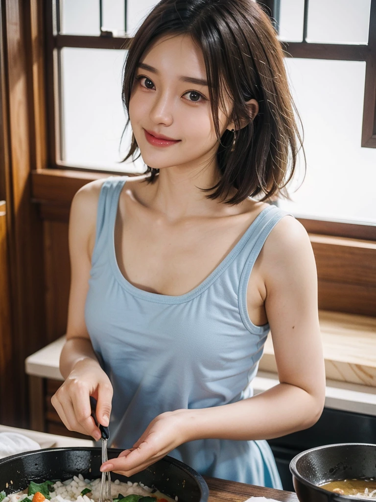 Photos of cute 18 year old Japanese girls、Detailed face、Tank top、mile、(Kneeling pose:1.4)、livingroom