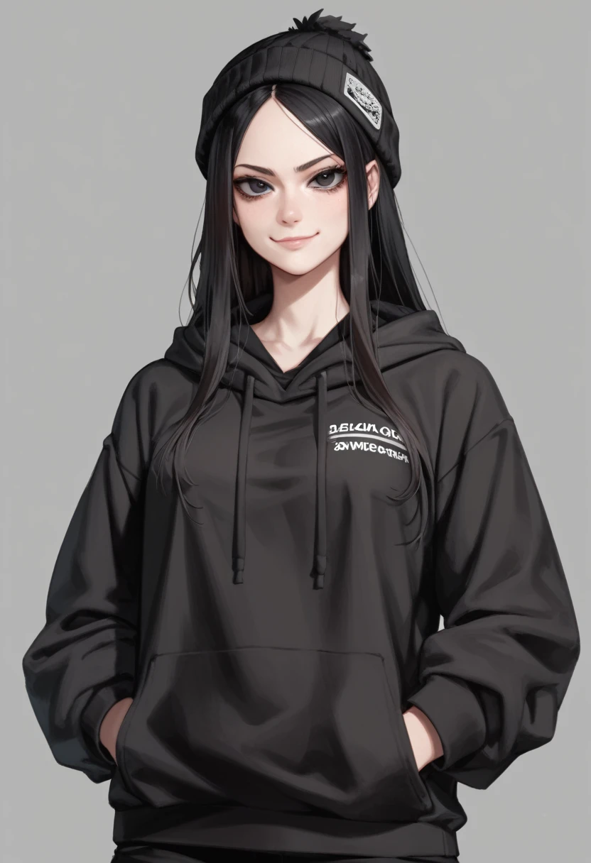 Cartoon of a girl, closed mouth, smirk, big eyes, black eyes, looking at viewer, black hair, long hair, baggy hoodie, black blank hoodie, black beanie, hands in pockets, simple background, grey background