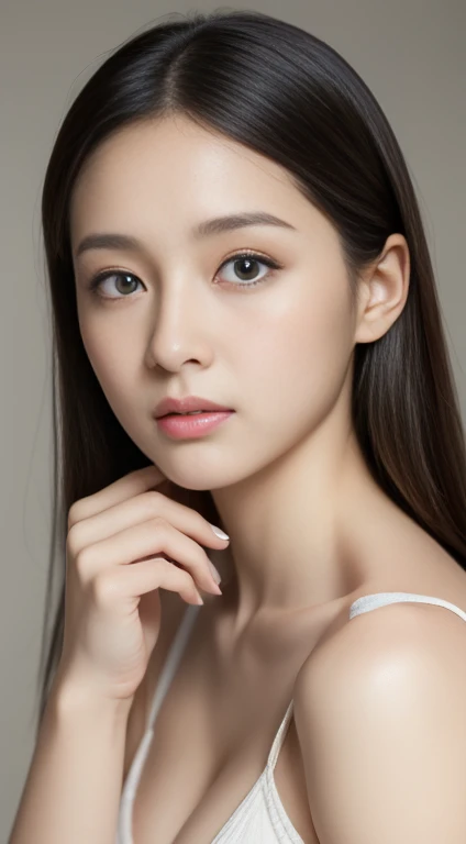 (Highest quality、Tabletop、8K、Best image quality、Award-winning works)、(Face close-up:1.2)、(Pure white background:1.2)、(nude:1.1)、Closed lips、Perfect beautiful face、Glowing Beautiful Skin、Perfect Makeup