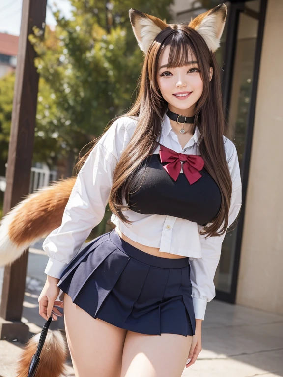 ((Highest quality, 8k)), ((masterpiece)), (Highest Resolution), Perfect Face, Fox Girl, high school girl, Beautiful woman, public, One tail, she has thick thighs, Big tail, She has a yellow fox tail., She wags her tail, Troubled face, Fur collar, She is wearing a short skirt, Beautiful Hips , Big Breasts, The skirt is rolled up with a big tail