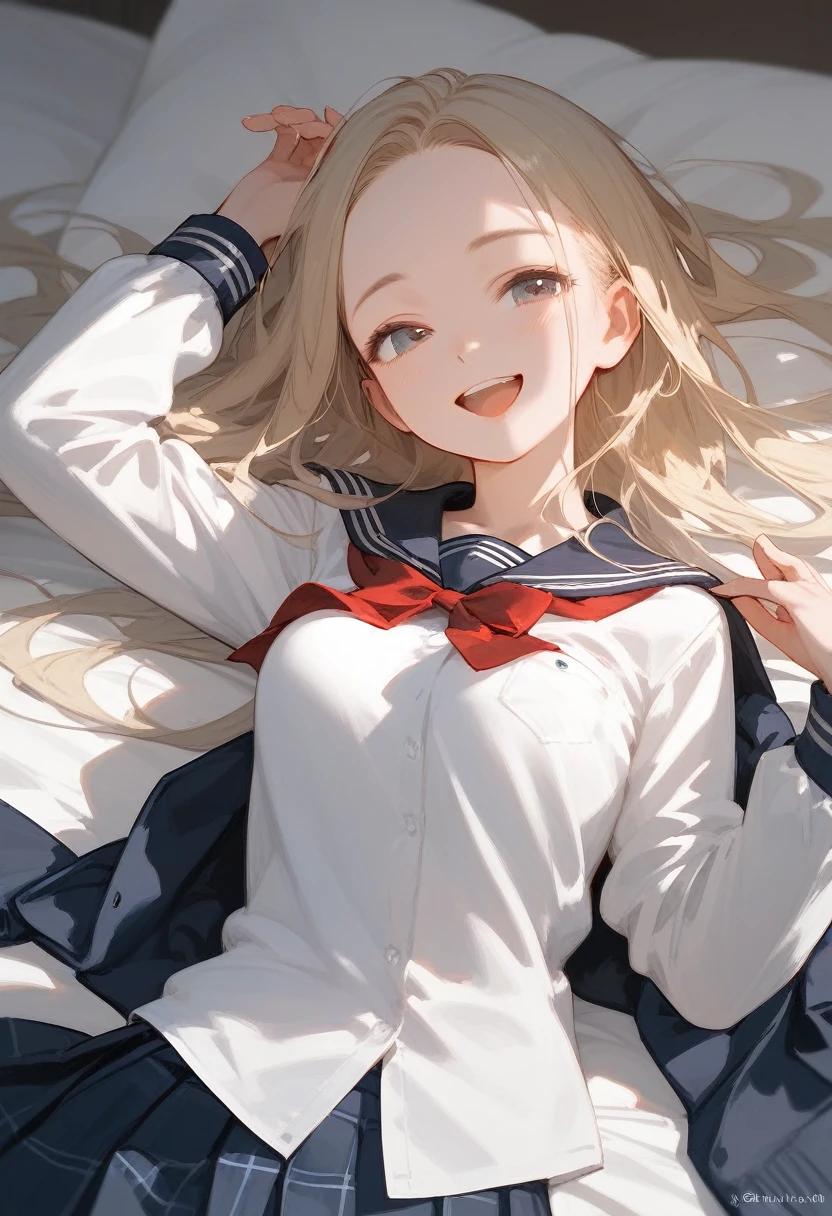 Score_9,Score_8_up,Score_7_up,highest quality,detailed,1 beautiful gal,blonde_long_hair,forehead,side_bangs,slim,school uniform,looking happy:0.4),Loving me,on bed,Close to me