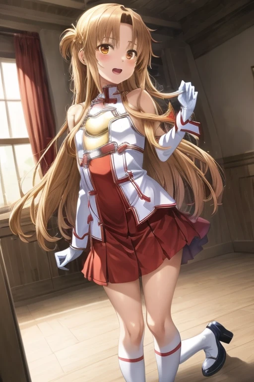 ((Best Quality)), ((masterpiece)), (be familiar with), Perfect Face, indoor, bedroom, Watching the audience,
One woman, Yuuki Asuna,
Open Mouth, Ecstatic expression, blush, smile,
Small breasts, Flat Chest, , , child, Girl,
Long Hair, Long Hair,
Leg spread,