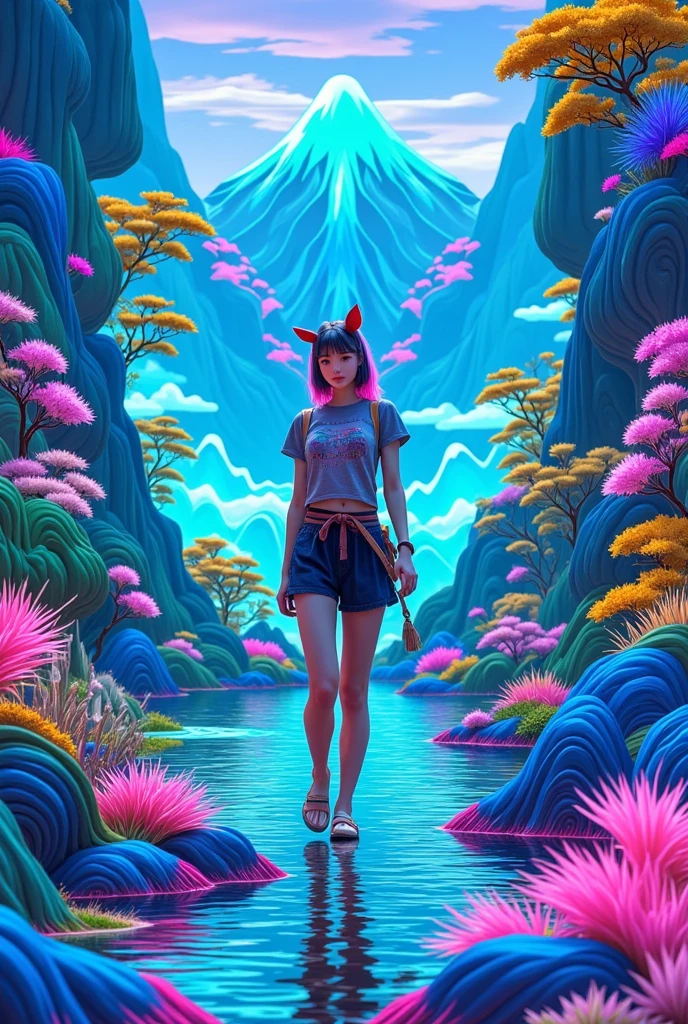 Anthropomorphism，On the go，Immerse yourself in the three-dimensional landscape like the Thousand Miles of Rivers and Mountains，Incorporating cyberpunk-style colors，Fluorescent colors，Cinematic Lenses，Master Composition，1girl