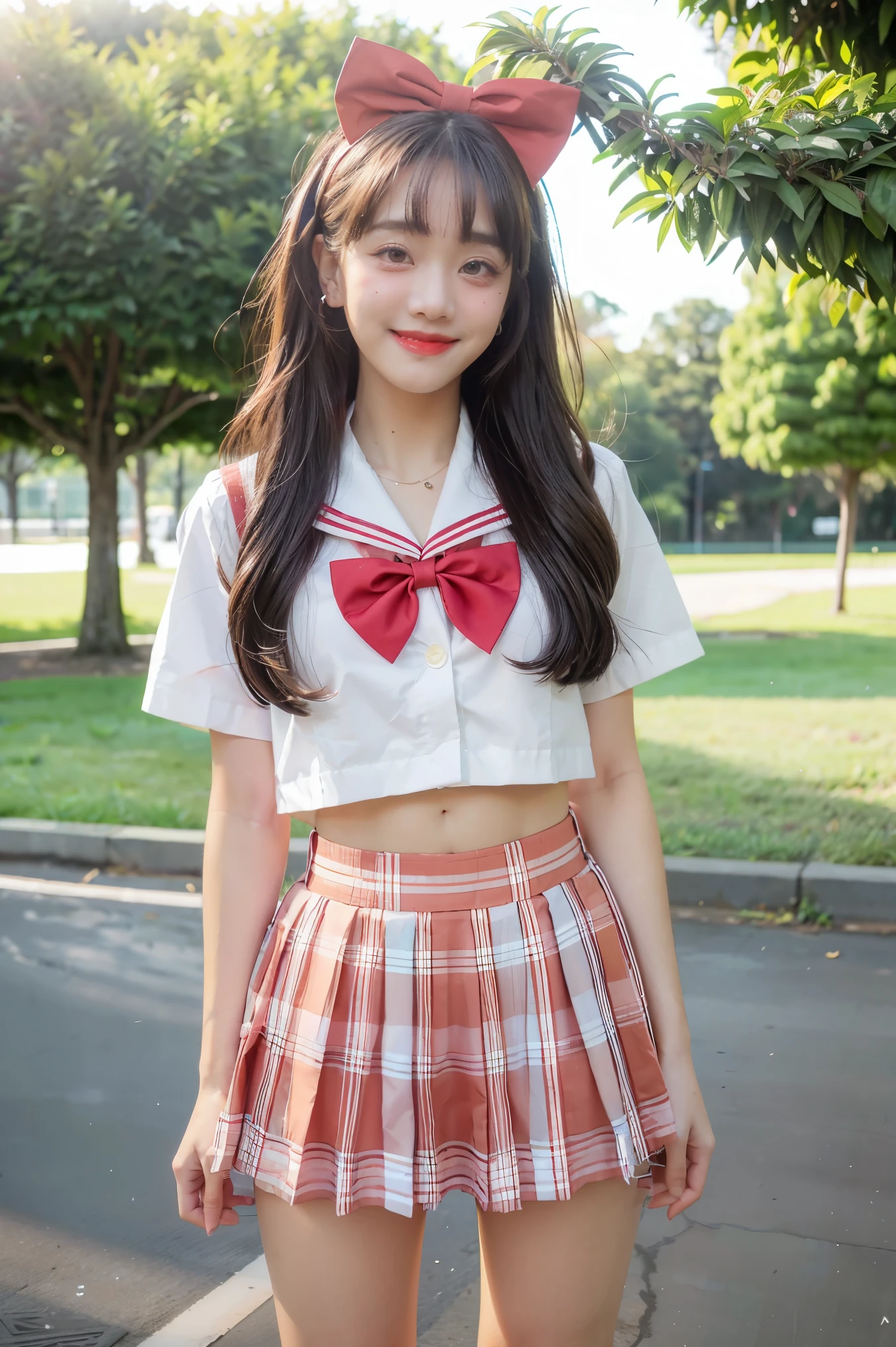 girl standing in school park,sailor shirt with red bow tie,school skirt,18-year-old,bangs,a little smiles,thighs,knees,from below
