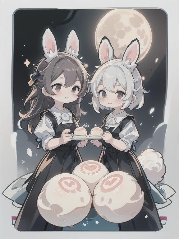 Two smiling rabbits eating a typical mochi, Pounding rice cakes in the moonlight, A big moon filling the screen