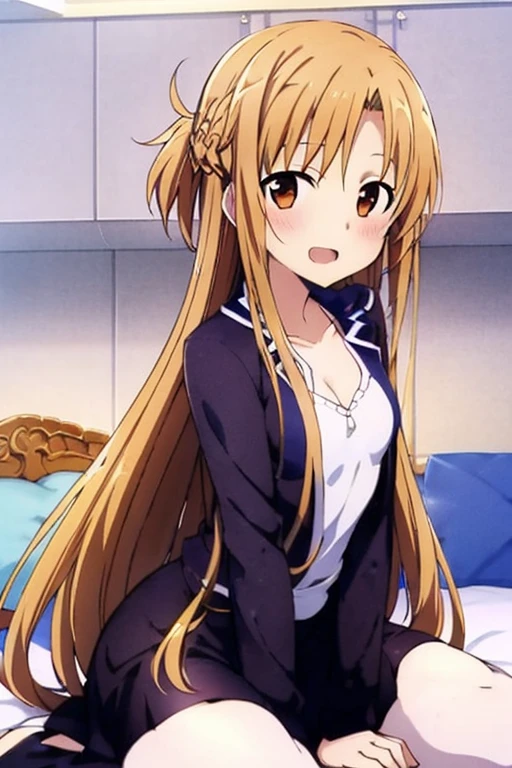 ((Best Quality)), ((masterpiece)), (be familiar with), Perfect Face, indoor, bedroom, Watching the audience,
One woman, Yuuki Asuna,
Open Mouth, Ecstatic expression, blush, smile,
Small breasts, Flat Chest, , , child, Girl,
Long Hair, Long Hair,
Leg spread,