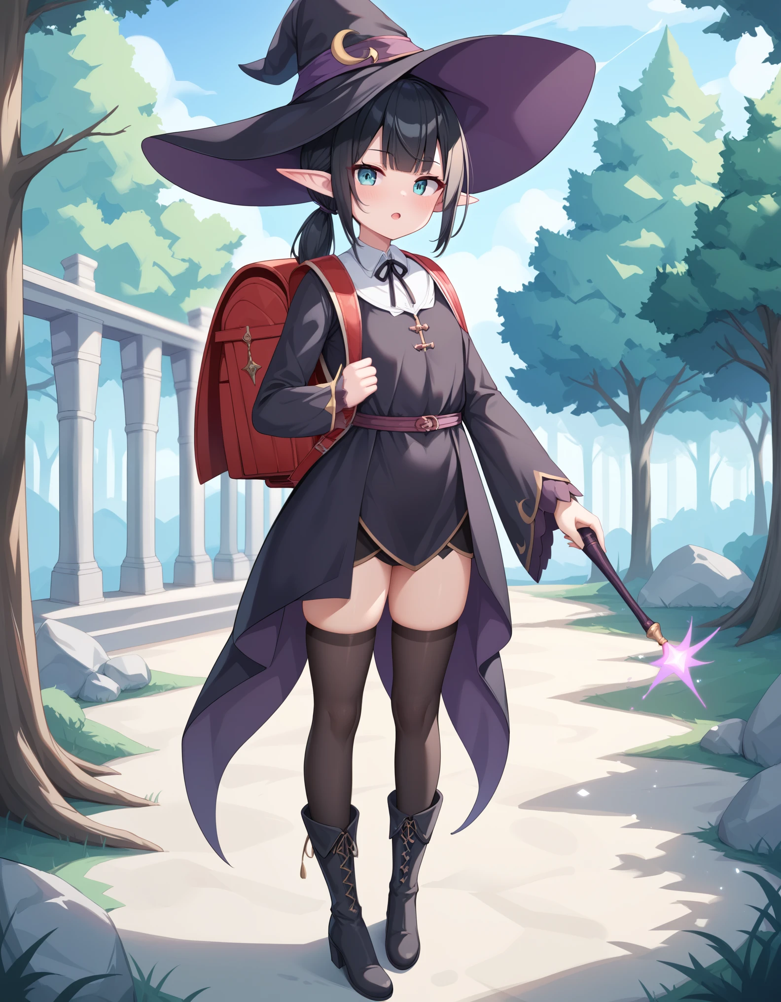 Masterpiece, hd, anime, 2d,  black hair, elf girl, pointed ears, wearing witch hat, 18 y.o, 1girl wearing a witch Costume,  neck ribbon, witch robes, holding magic wand, outdoor, ponytail, standing, outdoor, wearing randoseru backpack, red backpack, holding magic wands, fullbody, witch boots, wearing thighhighs 