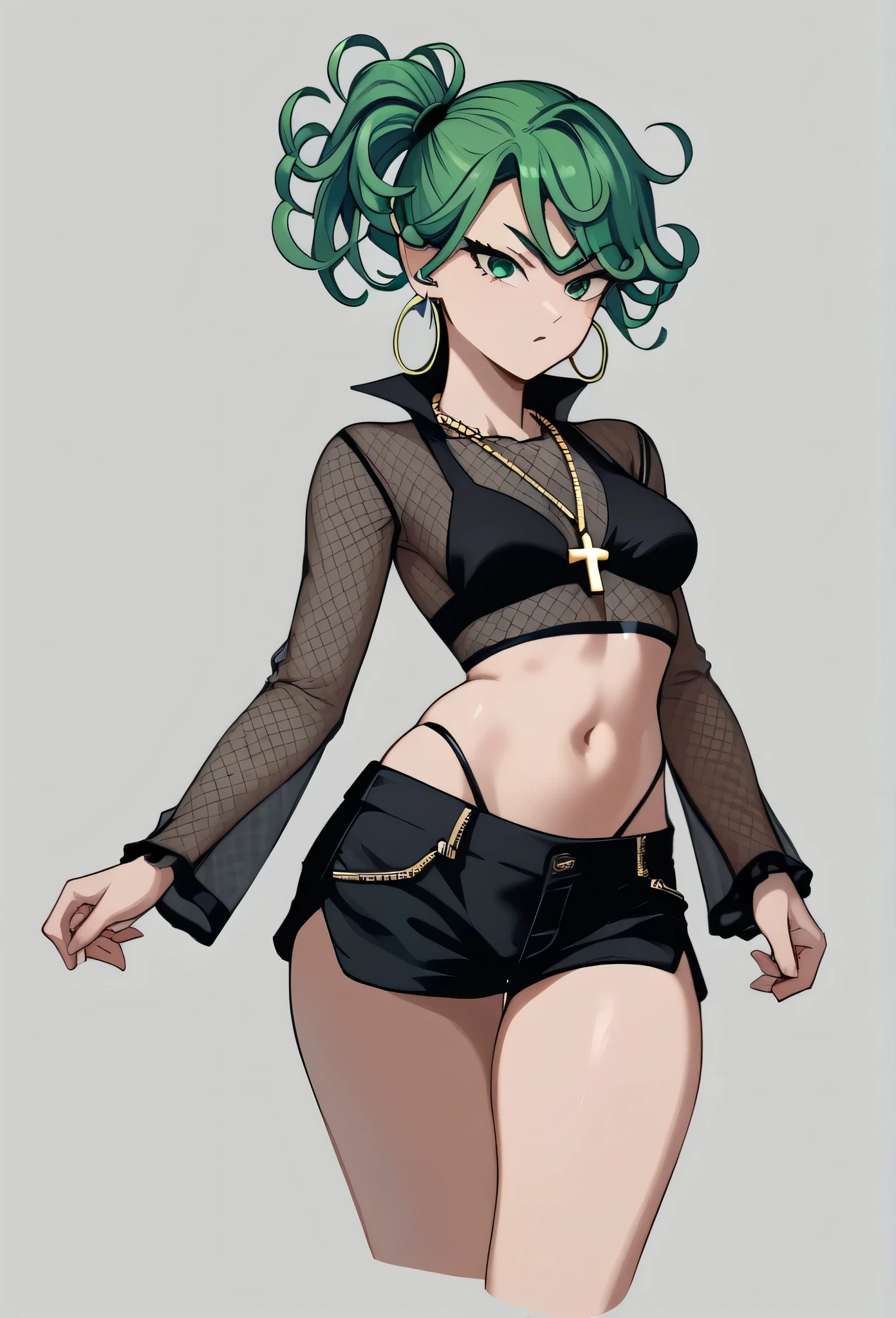 tatsumaki,green hair,curly hair,green eyes, long hair,medium breast , Ponytail, black bra, long sleeves, mesh crop top, shorts,black shorts,
highleg panties , earrings,hoop earrings,cross necklace,jewelry,poese.medium breasts
High Resolution, Masterpiece, High Quality, Bangs, Hair Over One Eye, 