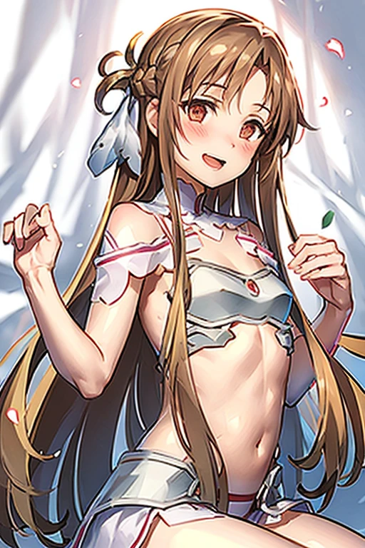 ((Best Quality)), ((masterpiece)), (be familiar with), Perfect Face, indoor, bedroom, Watching the audience,
One woman, Yuuki Asuna,
Open Mouth, Ecstatic expression, blush, smile,
Small breasts, Flat Chest, , , child, Girl,
Long Hair, Long Hair,
Leg spread,