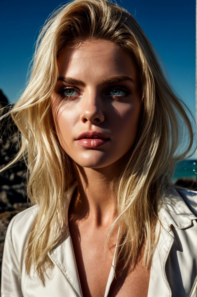 brooklyndecker close up photo (sharp focus:1.2), attractive woman, (beautiful face:1.1), detailed eyes, luscious lips, (cat eye makeup:0.85), (large eyes:1.0), (toned body:1.2), (long hair:1.2), busty, wearing (romper:1.2) on a (beach:1.2).(arms behind head:1.2), (moody lighting:1.2), depth of field, bokeh, 4K, HDR. by (James C. Christensen:1.2|Jeremy Lipking:1.1), body freckles, beautiful eyes, beauty marks, sandy skin, sand on skin, <lora:brooklyndecker_sdxl_lora_256_bf16_09:1>