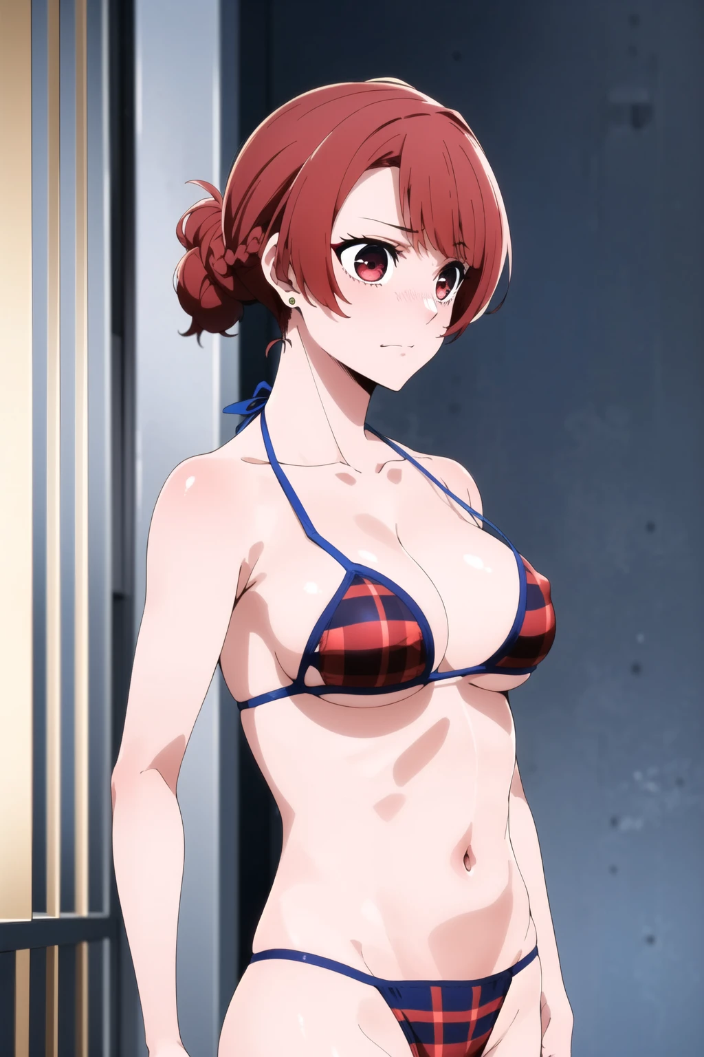 (masterpiece), (Best Quality), starter, One Girl, Alone, Chest, short_hair, 前hair, brown_hair, shirt, red_eye, brown_eye, jewelry, closure_mouth,upper_body, Braiding, red_hair, Earrings,  indoor, hair_good, nsfw、belly button、big 、barefoot、red面、Embarrassed face、bikini、((bikini、The background is the seaside、blue sky))