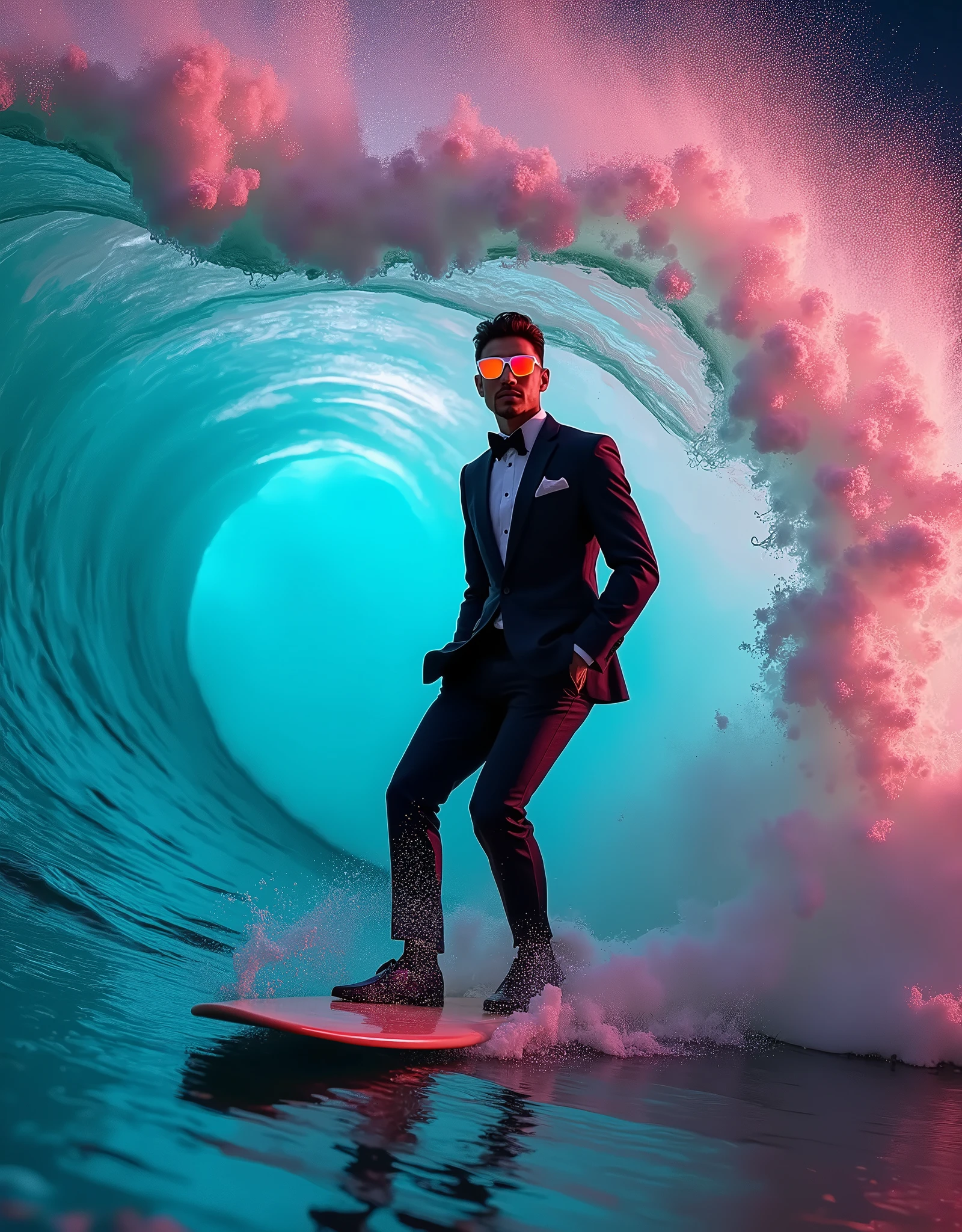 Professional photography, photo of a man wave surfing a great wave, he riding on the wave, he wearing a tuxedo, he is a fashionista, professional model posing, he wearing a colorful sunglasses, cinematic lighting, light flare, hand in pocket, intricate detailed, vibrant lighting, epic vibes