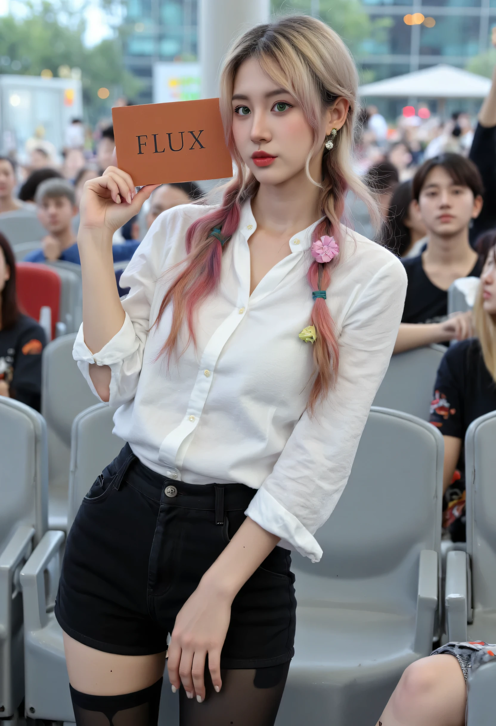 XS，mole，Thigh high，Colorful hair，Mole under the eye，Alone，Long hair，perforation，Gradient hair，Flowers，Looking at the audience，Green Eyes，Jewelry，artist&#39;s name，earrings，Double braid，bangs，Holding a sign that says &quot;flux&quot;