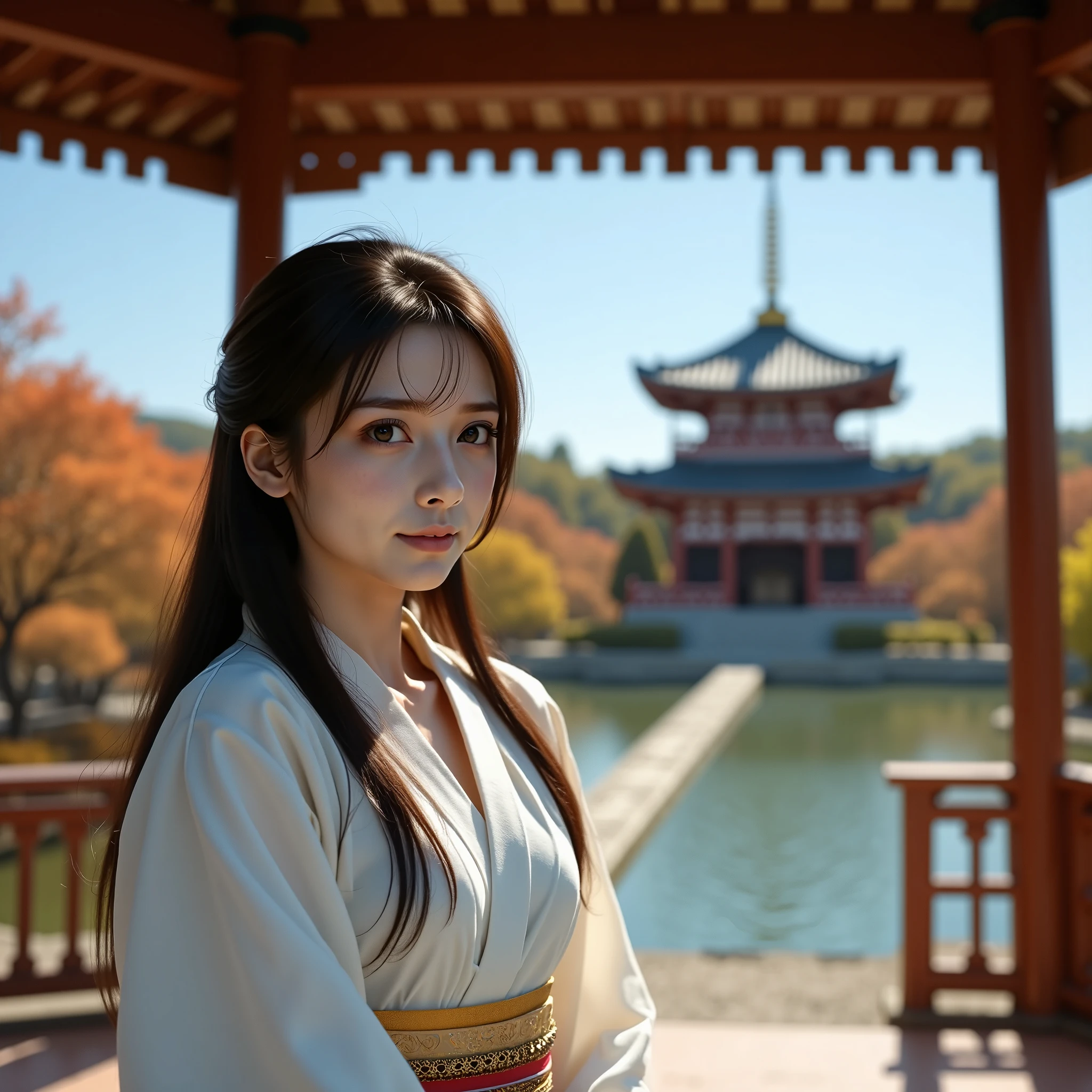 (UHD, masterpiece, anatomically correct, textured skin, super detail, best quality, highres, 8k, bloom, Front Light:1.2, Perfect dynamic composition,),The Photo of a young east-asian woman with long dark hair and bangs, wearing a white kimono. She is standing in front of a wooden gazebo with a view of a traditional Japanese temple in the background. The girl is looking off to the side with a thoughtful expression on her face. The temple is surrounded by trees with orange and yellow leaves, and there is a body of water in the foreground. The sky is blue and the overall mood of the image is peaceful and serene.