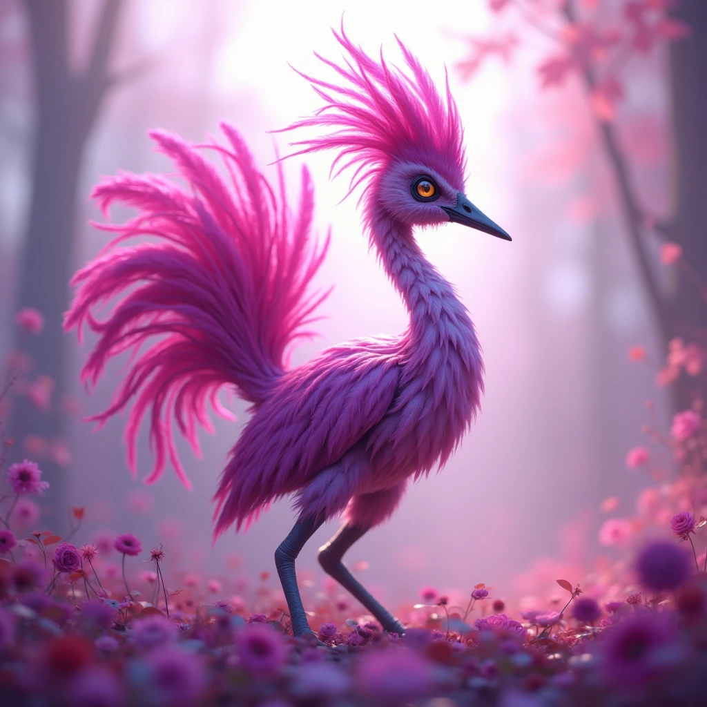 xplus, Dream Creature which resembles a long-necked, magenta bird. This Creature has fanned tail feathers and a crest of feathers on its head.
