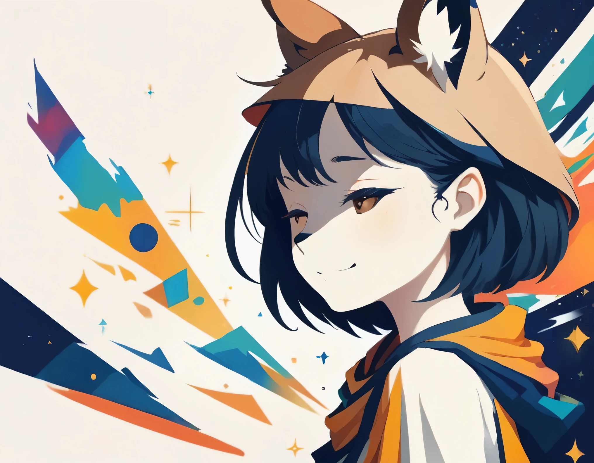 PORTRAIT OF A GIRL,1GIRL, illustration-style,modern, striking composition,sleek lines, unique pattern,abstract elements,geometric shapes,GEOMETRIC LOGO, , , expressive strokes , ,ANIMAL EARS, ANIMAL NOISE,CAPYBARA EARS, ANIMAL NOISE,ANIMAL headwear,SMILE, HALF CLOSE EYES, BROWN AND WHITE ANIMAL EARS,BROWN HAIR,((SILHOUETTE:2)),SIDE VIEW,FANTASY,(EPIC), SPARKS,VIBRANT, KEMONOMIMI,CUTE, (CAPYBARA NOSE),ANIMAL NOSE,
