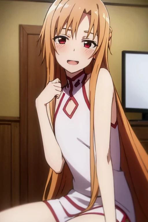 ((Best Quality)), ((masterpiece)), (be familiar with), Perfect Face, indoor, bedroom, Watching the audience,
One woman, Yuuki Asuna,
Open Mouth, Ecstatic expression, blush, smile,
Small breasts, Flat Chest, , , child, Girl,
Long Hair, Long Hair,
Leg spread,