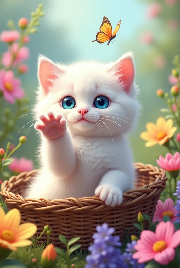 {
  "size": "1024x1024",
  "prompt": "A fluffy white kitten with blue eyes, sitting in a basket surrounded by colorful flowers. The kitten is playful, reaching out with one paw toward a butterfly flying nearby. The scene is bright and cheerful, capturing the innocence of the kitten."
}
