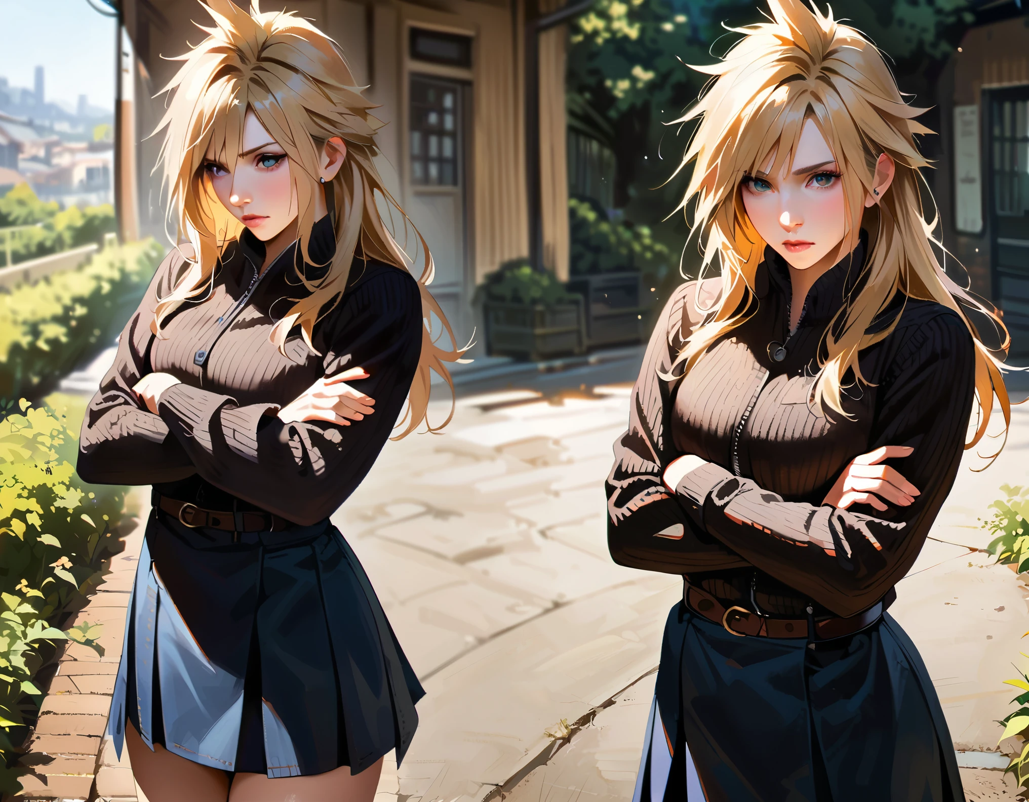 (masterpiece), (High quality), (Realistic 1.5),cloudstrife,female,Long hair,beautiful,dry,Standing up,skirt,Chic,Crooked,side-eye,crossed arms,shy