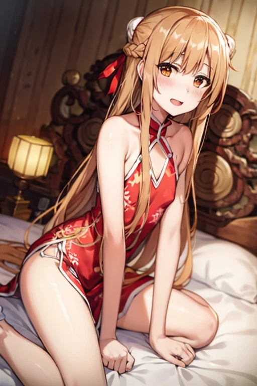 ((Best Quality)), ((masterpiece)), (be familiar with), Perfect Face, indoor, bedroom, Watching the audience,
One woman, Yuuki Asuna,
Open Mouth, Ecstatic expression, blush, smile,
Small breasts, Flat Chest, , , , Girl,
Long Hair, Long Hair,
Leg spread,