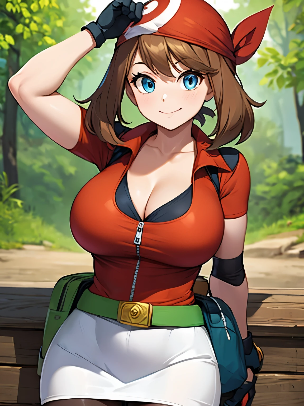 Perfect CG unity 8K UHD wallpaper, Perfect CG unity 8K UHD wallpaper, (masterpiece, best quality:1.2), cowboy shot, zzMay, solo, brown hair, blue eyes, medium hair,perfect,red shirt, bike shorts, red bandana, red shirt, gloves, white skirt, yellow fanny pack ,outdoors, huge breasts, zipped up shirt, smile, cleavage, skindentation, collarbone, bursting breasts 