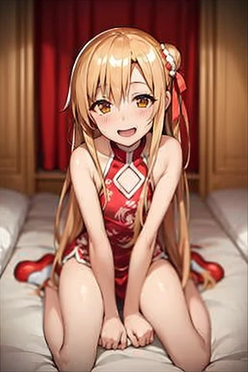 ((Best Quality)), ((masterpiece)), (be familiar with), Perfect Face, indoor, bedroom, Watching the audience,
One woman, Yuuki Asuna,
Open Mouth, Ecstatic expression, blush, smile,
Small breasts, Flat Chest, , , child, Girl,
Long Hair, Long Hair,
Leg spread,