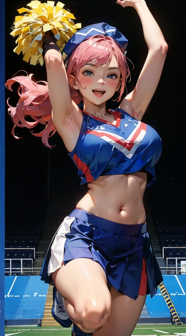 tall college woman(Long red hair; blue eyes; large breasts; pale skin; blushing; girl-next-door look); cheerleader; out in the practice field; best quality; trending on artstation; complex volumetric lighting; strong shadows; artistic lighting; dynamic; energetic vibe; realistic skin; specular highlights; micro-textures; highly detailed hair;
