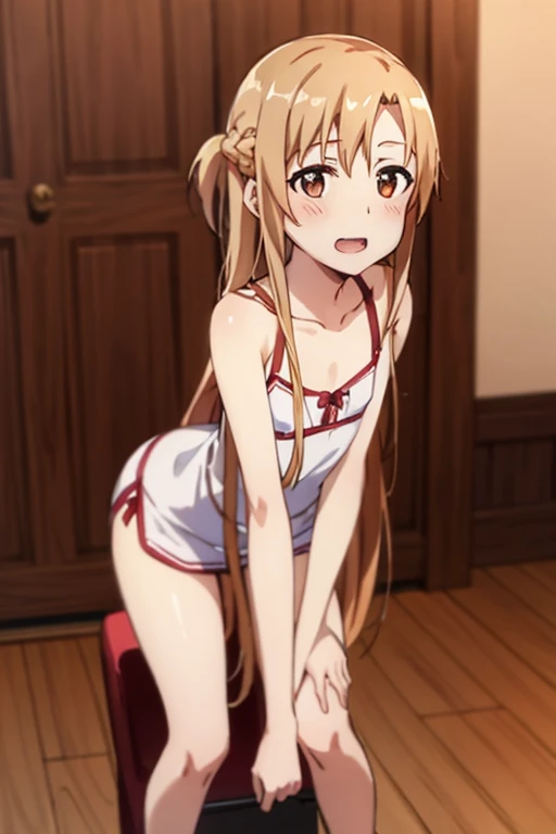 ((Best Quality)), ((masterpiece)), (be familiar with), Perfect Face, indoor, bedroom, Watching the audience,
One woman, Yuuki Asuna,
Open Mouth, Ecstatic expression, blush, smile,
Small breasts, Flat Chest, , , child, Girl,
Long Hair, Long Hair,
Leg spread,