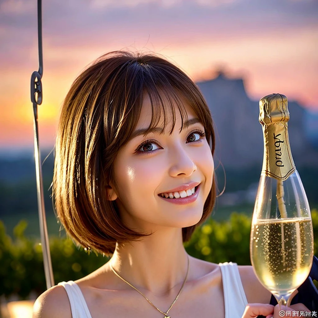 (Realistic:1.1),(masterpiece,Highest quality),8k,(49 years old), 53 years old, ベリーslimボディ、slimカップル、Tight waist,Upper Body,full-course dinner、wine 、Amazing view of the sunset sky and clouds、Perfect Anatomy, Brown Hair, short hair,Random Hairstyles,((Highly detailed face and eyes:1.2)),Perfect golden ratio face,Long sleeve shirt、dress,(smile:1.2)、Shortcuts、cute、(Realistic, Intricate details:1.2), A bright smile、short hair,Bright Face、赤wine 、Appetizers、Italian food、wine bottle、Champagne、スパークリングwine、(slimな顔), (The body is slim), (Brown Hair), (Shortcuts), Upper Body, 白wine, slim, wineグラス,