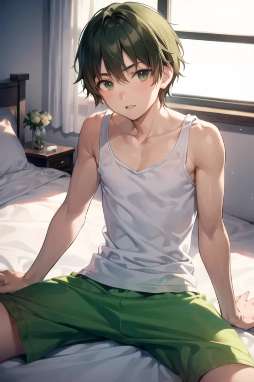 1 little boy, kid, shota, with short brown hair and green eyes, shirtless, shorts, blushing and shy, in a bed