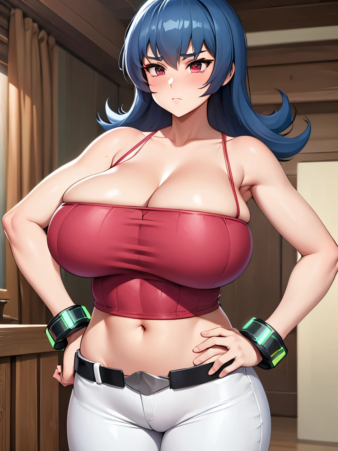 Perfect CG unity 8K UHD wallpaper, Perfect CG unity 8K UHD wallpaper, (masterpiece, best quality:1.2), cowboy shot, hgsssab, blue hair, medium hair, bare shoulders, deep cleavage, pink camisole, midriff, belt, white pants, bracelet, huge breasts, blush, indoors, hands on hip, bursting breasts