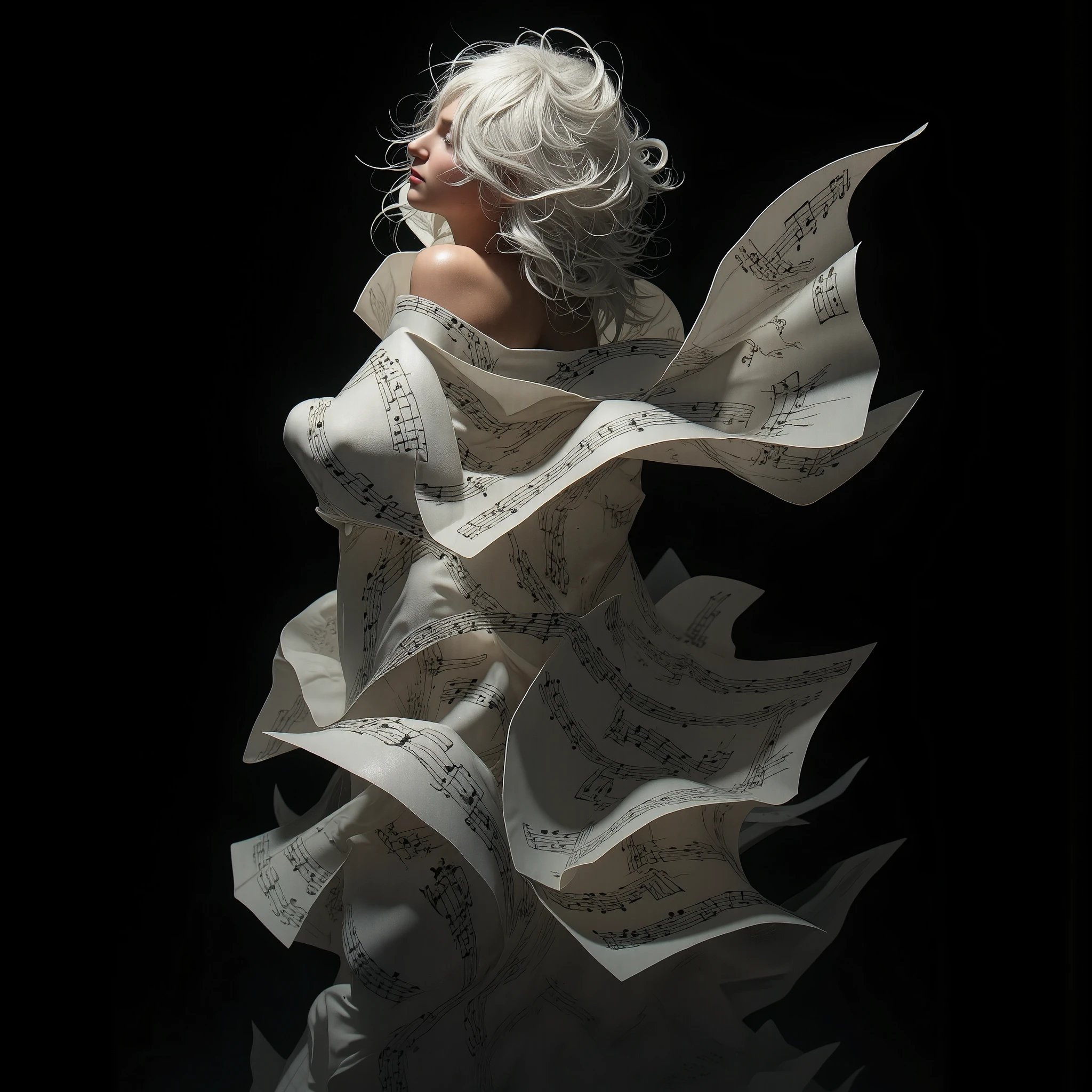 abstract, surrealism, a woman;s body wrapped in one long music sheet from toe to head and one end loose in the air, black background
