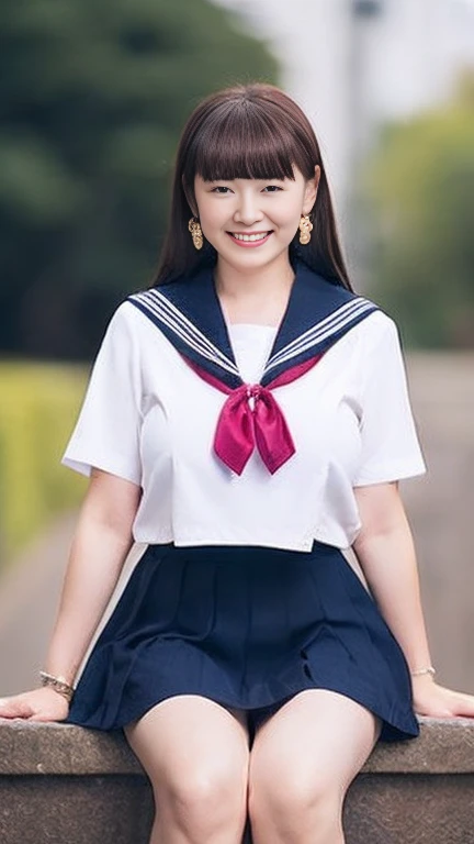 Japanese Mature,(65 years old:1.2),White skin,(curvy body,Large Breasts,Emphasizes plump thighs:1.5),(Japanese high school uniform,earrings,Sailor uniform,neckerchief,Ultra short micro mini skirt,Short socks,Wearing loafers:1.2),(Standing in the park,Full body shot from head to toe:1.2),full body,looking at viewer,smile,surrealism, depth of field, from below, Sony FE, 8k, arms up, nsfw