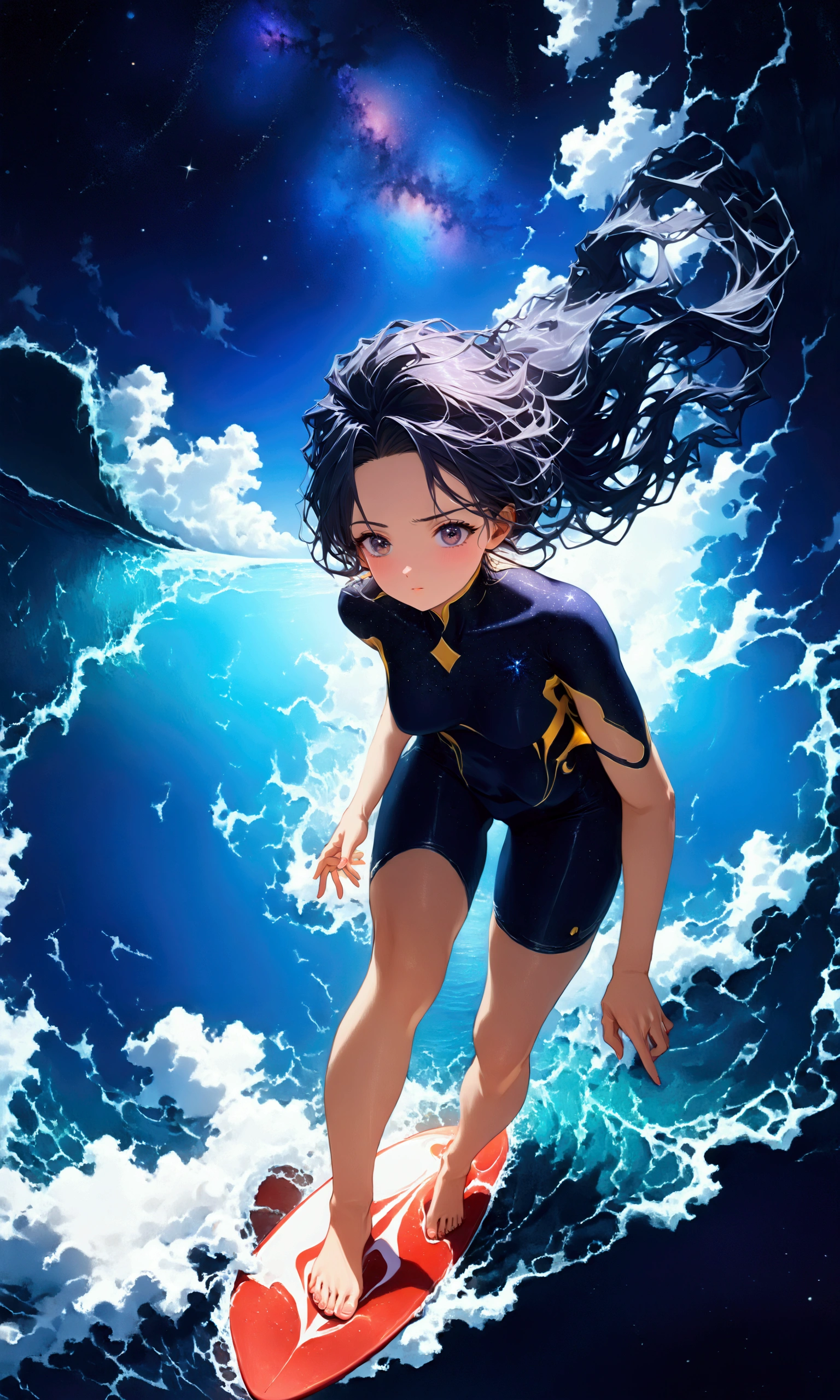 (((solo))),(dynamic photo of full body 1girl surfing:1.5), (beautiful cosmic night:1.5), (beautiful sea and sky:1.5), blight night, many stars, scattered clouds, BREAK ,quality\(masterpiece, best quality,8k,wallpaper of extremely detailed CG unit, high resolution, top-quality, top-quality real texture skin, hyper realistic, increase the resolution, RAW photos, best quality, highly detailed, the wallpaper,golden ratio,high saturation realism, vibrant colors, dramatic lighting, persuasive storytelling, atmospheric scenery, captivating visuals, intricate details, strong emotions,dreamlike world\)